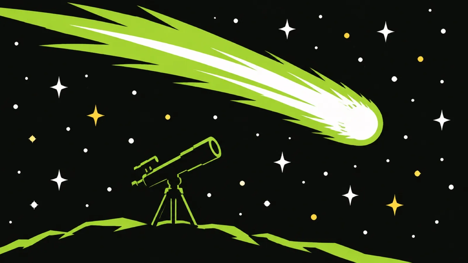 Ilustração de um cometa brilhante cruzando um céu estrelado acima da silhueta de um telescópio