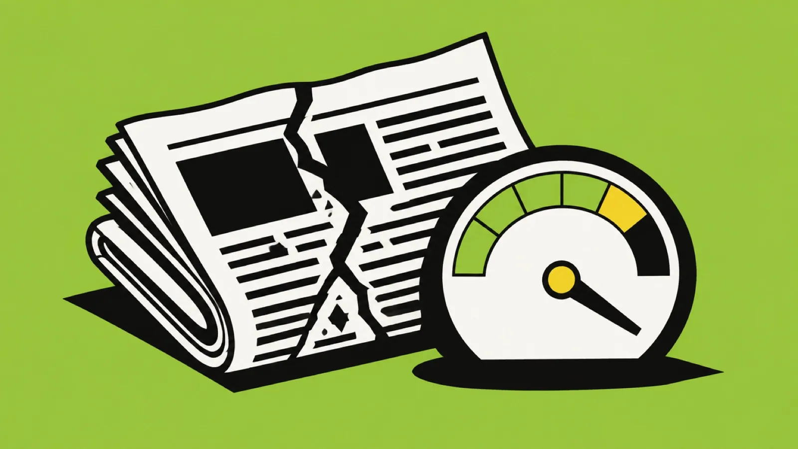 Ilustração de um jornal dobrado e rachado ao lado de um medidor de confiança com ponteiro caindo
