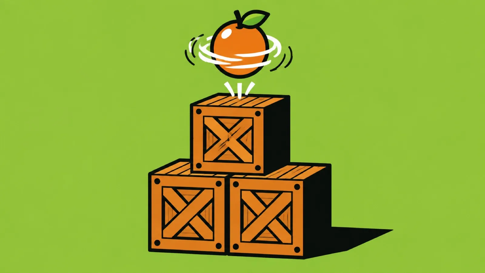Ilustração de uma pilha de caixotes de madeira com um ícone de fruta saltitante no topo