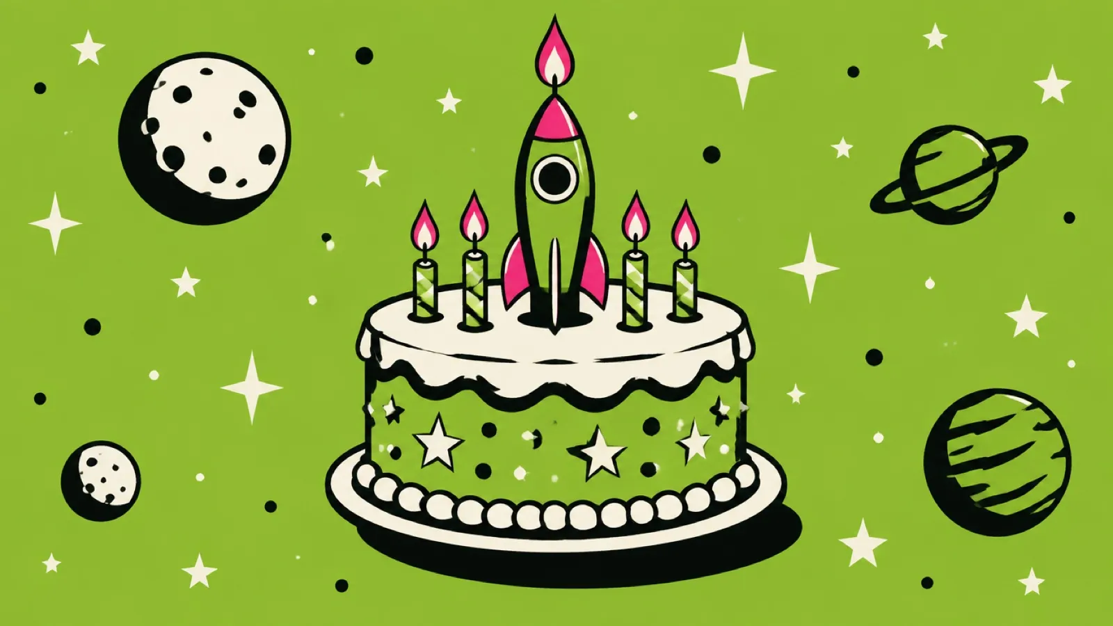 Ilustração de um bolo de aniversário no espaço com velas, uma delas em formato de foguete retrô, cercado por planetas e estrelas