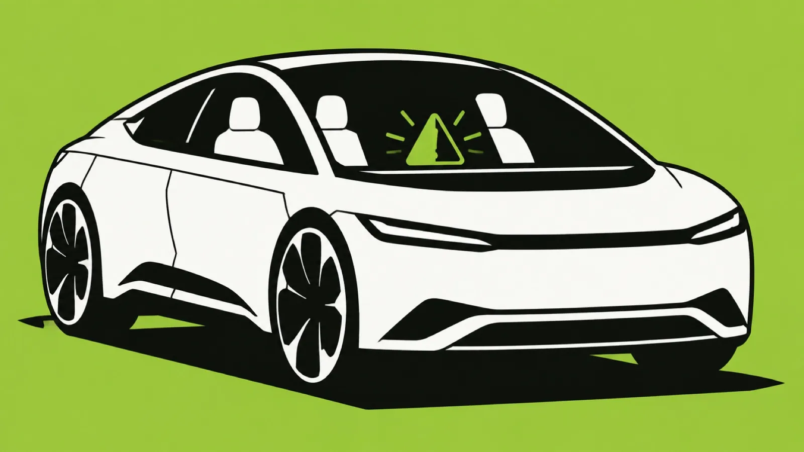 Ilustração de um carro futurista sem volante visível, com um ícone de alerta brilhando no painel
